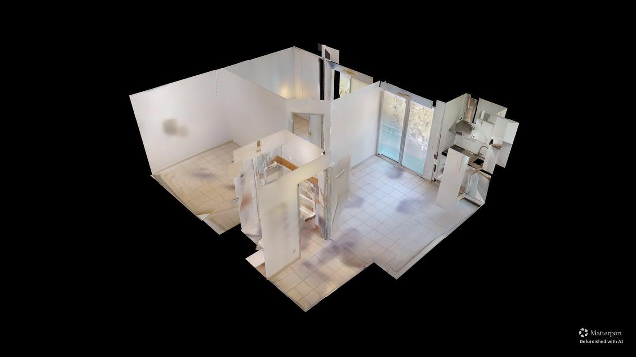 T2 avec balcon près de Montpellier Business School — vue dollhouse démeublée